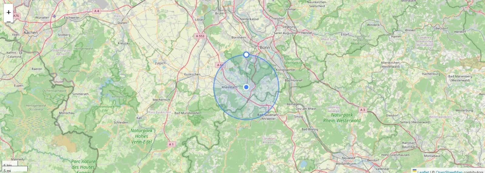 Karte des Einsatzgebiets: 20 km rund um Meckenheim