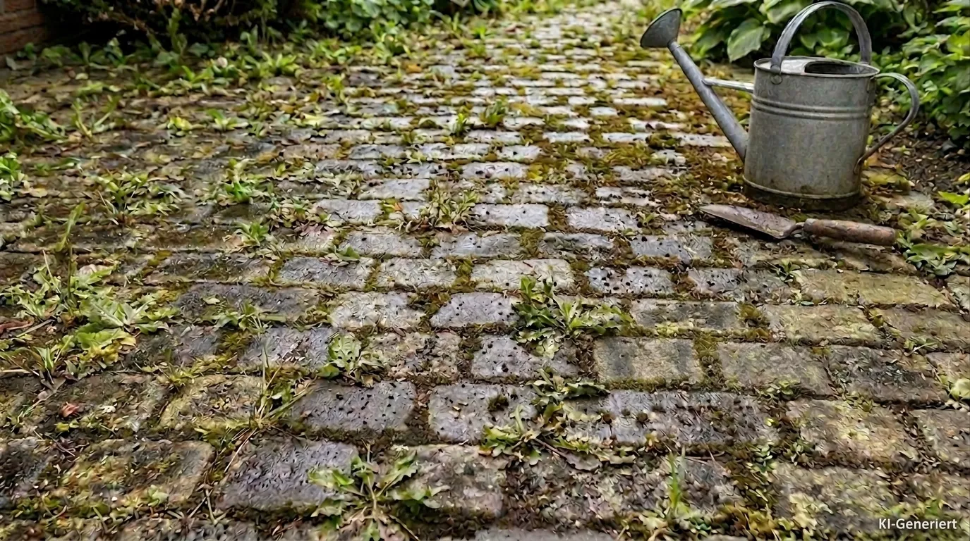 Pflasterweg vorher: voller Unkraut und Moos